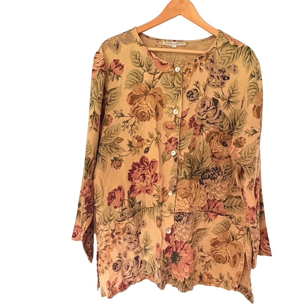 Vtg Smith & Hawken Linen Button Floral Tunic Top Womens L Cottage Garden Coastal